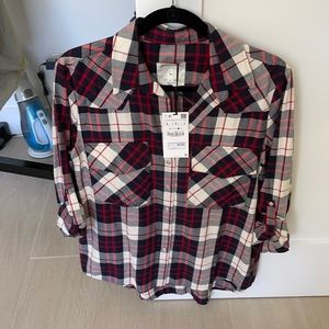 NWT Zara plaid snap button down w/ pockets (L)